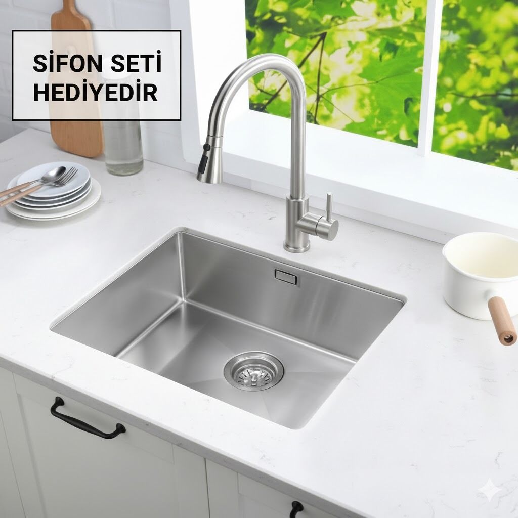 SİNKON 40×50 Cm ( 0,8MM) Paslanmaz Çelik Mutfak Eviyesi. Tezgah Altı Evye. Sifon Takımı Hediye