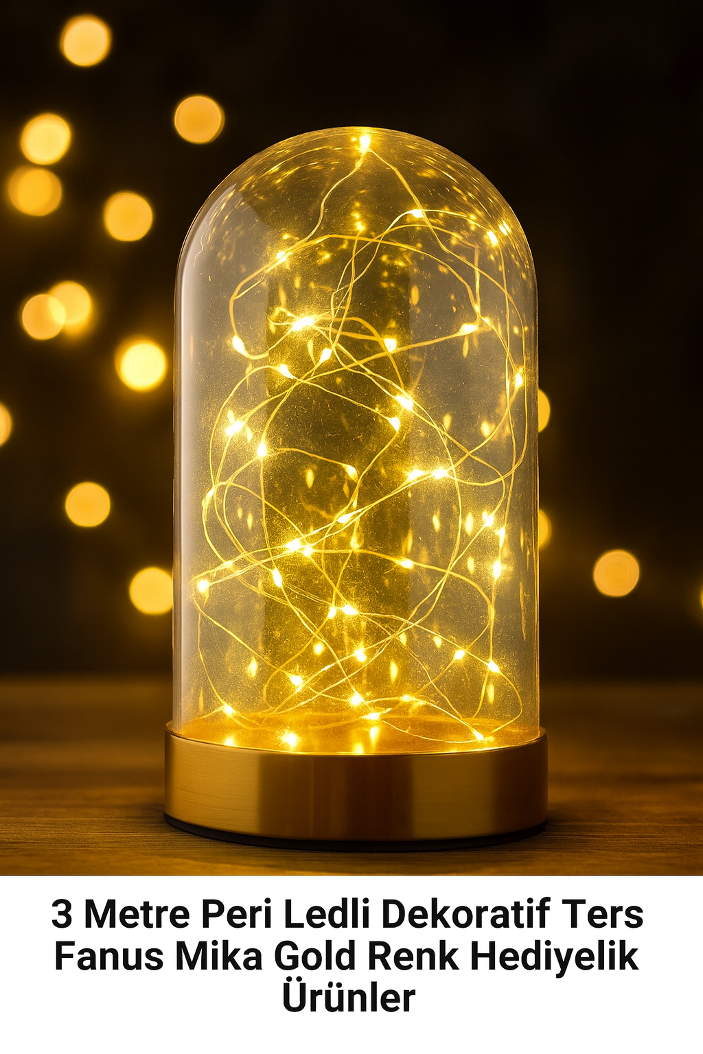 3mt Peri Ledli dekoratif ters fanus mika gold renk hediyelik ürünler