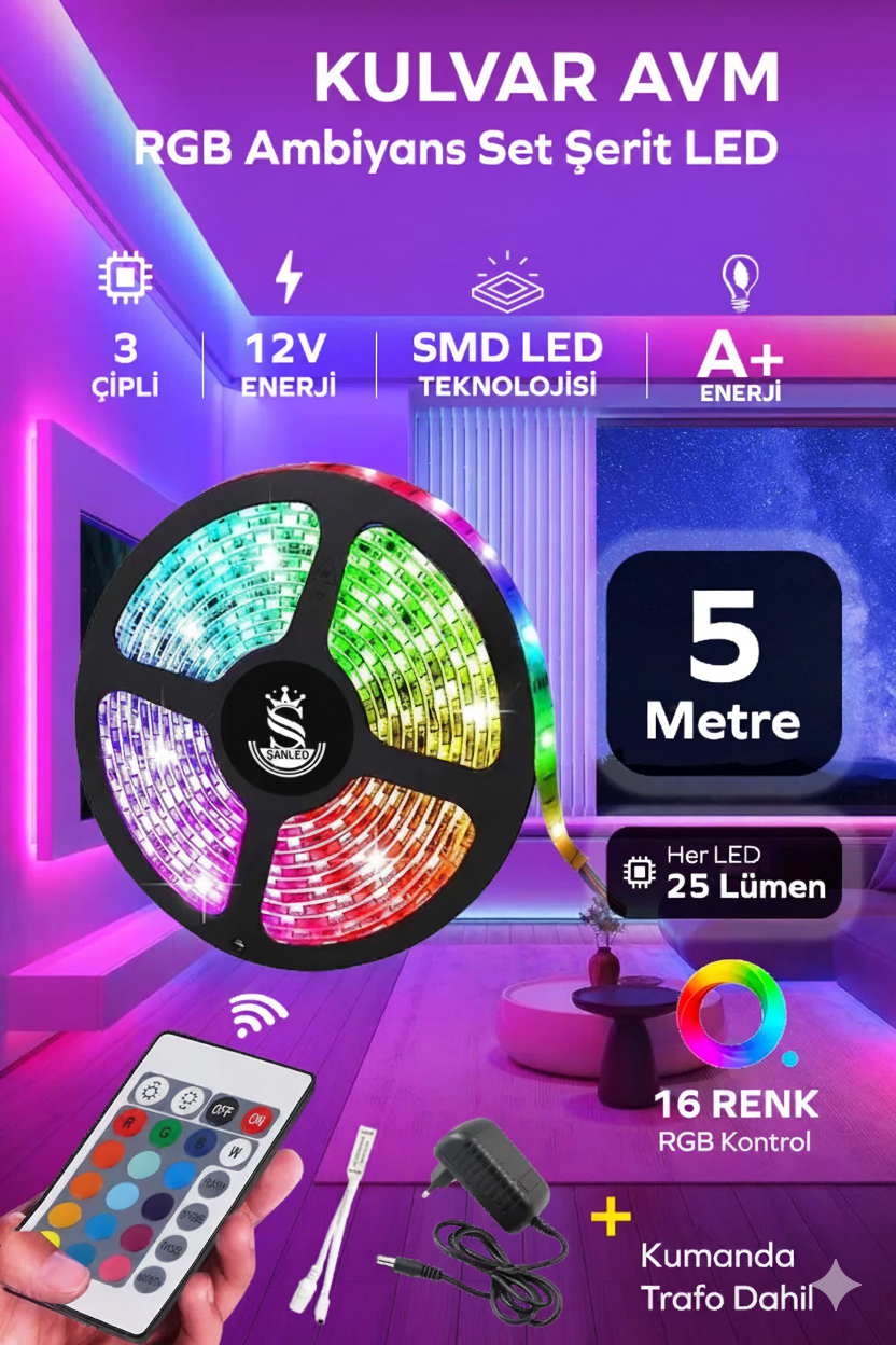 Led 5 Mt Şerit Led Animasyonlu Kumandalı Rgb Şerit Led