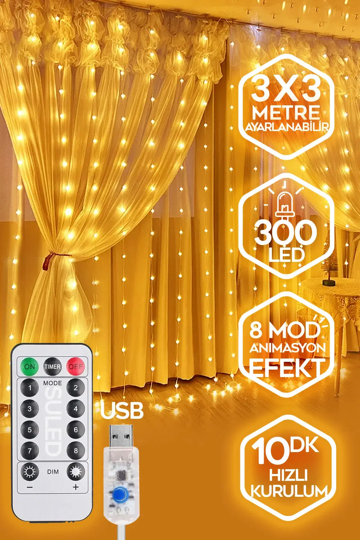 3x3 Perde Led Peri Led Usb li Kumandalı Perde Led Toptan