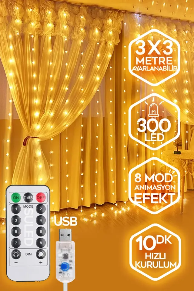 3x3 Perde Led Peri Led Usb li Kumandalı Perde Led Toptan