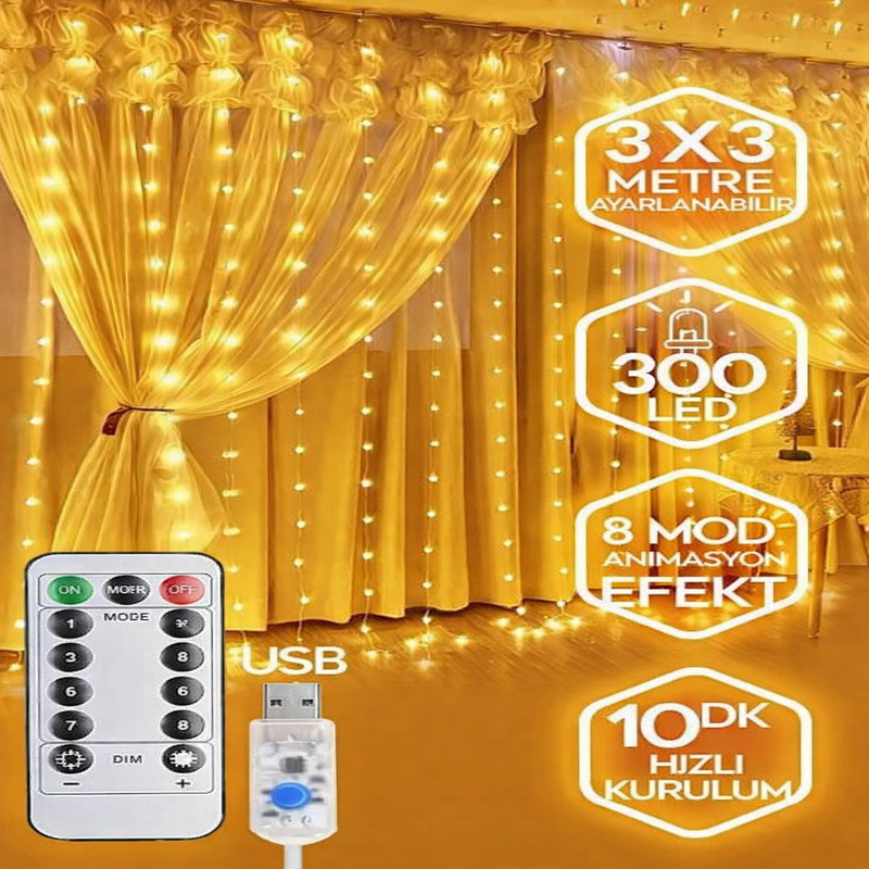 Perde Led 3x3 Gün Işığı Fonksiyonlu Usb li Perde Led Toptan
