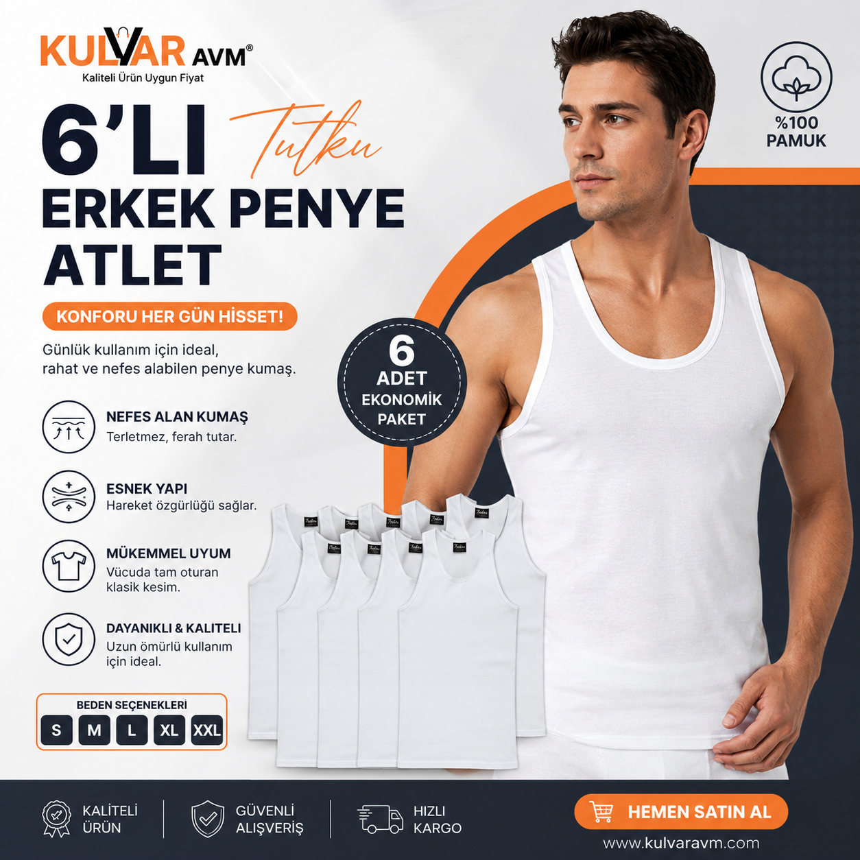 Tutku Erkek Beyaz 6'lı Paket Pamuklu Penye Atlet Toptan