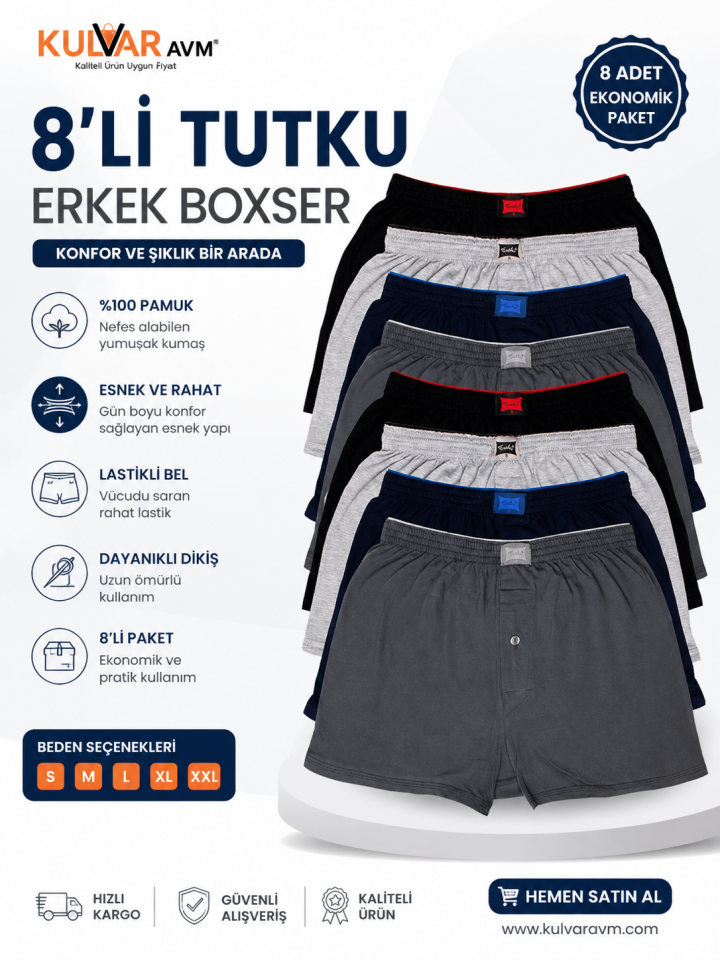 Tutku 8 Li Erkek Penye Havlu Bel Boxer Karışık Renk