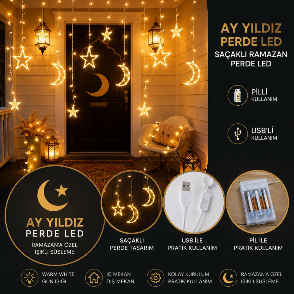 Ay Yıldız Perde Led Saçaklı Perde Led Işık Yılbaşı Ramazan Led