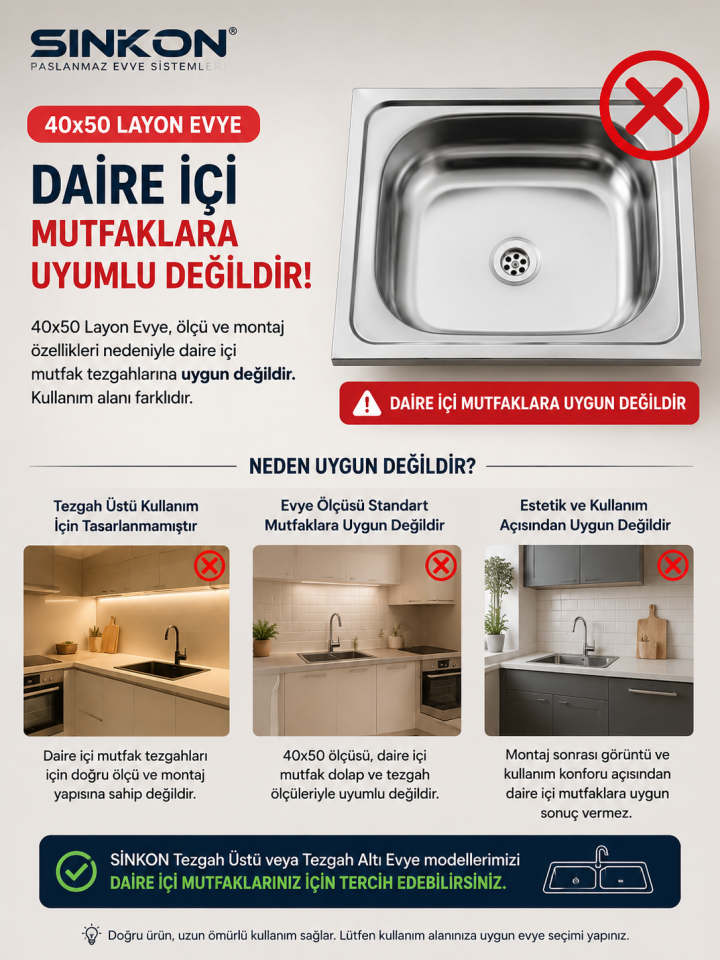 Sinkon 40*50 Layon Evye Paslanmaz Krom Eviye