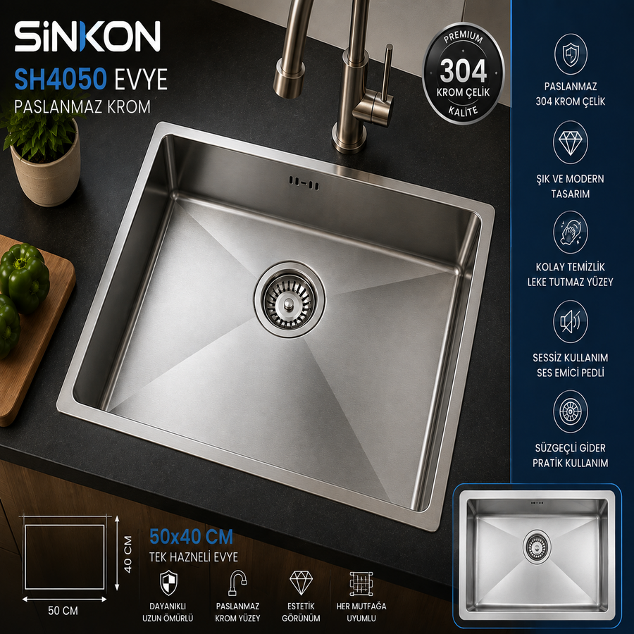 SİNKON Tek Hazneli El İşçilikli Eviye SH4050