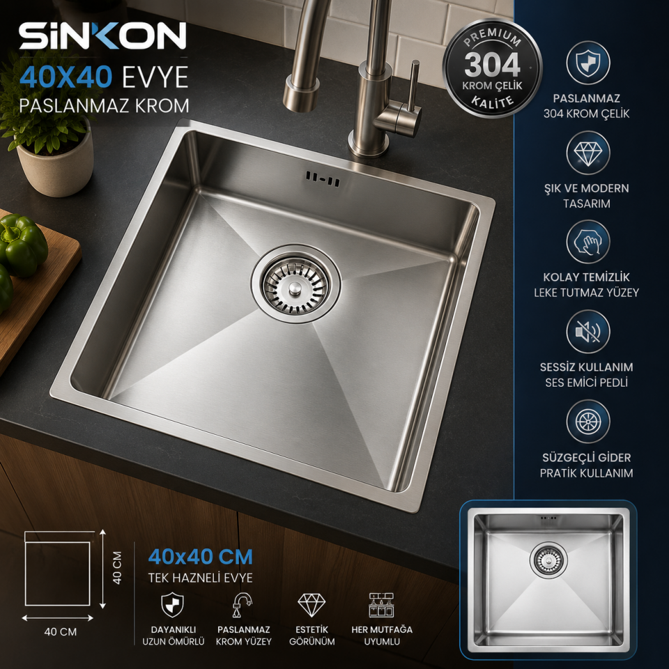 SİNKON Tek Hazneli El İşçilikli Eviye SH4040