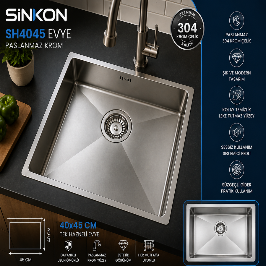 SİNKON Tek Hazneli El İşçilikli Eviye SH4045