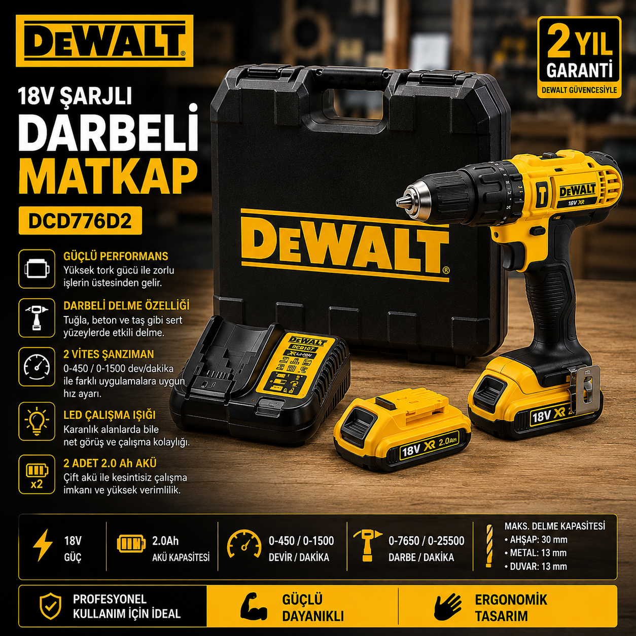 Dewalt DCD776D2 18 V Çift Akülü 2 Ah Darbeli Matkap