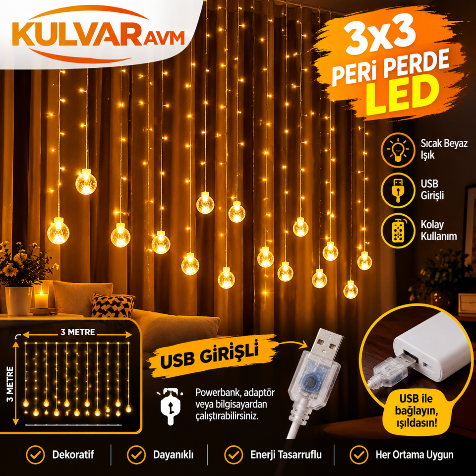 Kumandalı 8 Fonksiyonlu Toplu Peri Perde Led Usb Girişli