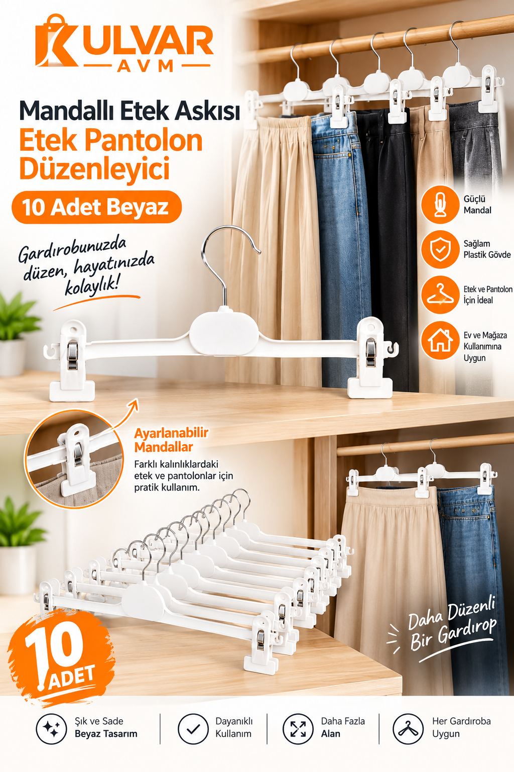 Mandallı Etek Askısı Etek Pantolon Düzenleyici 10 Adet Beyaz